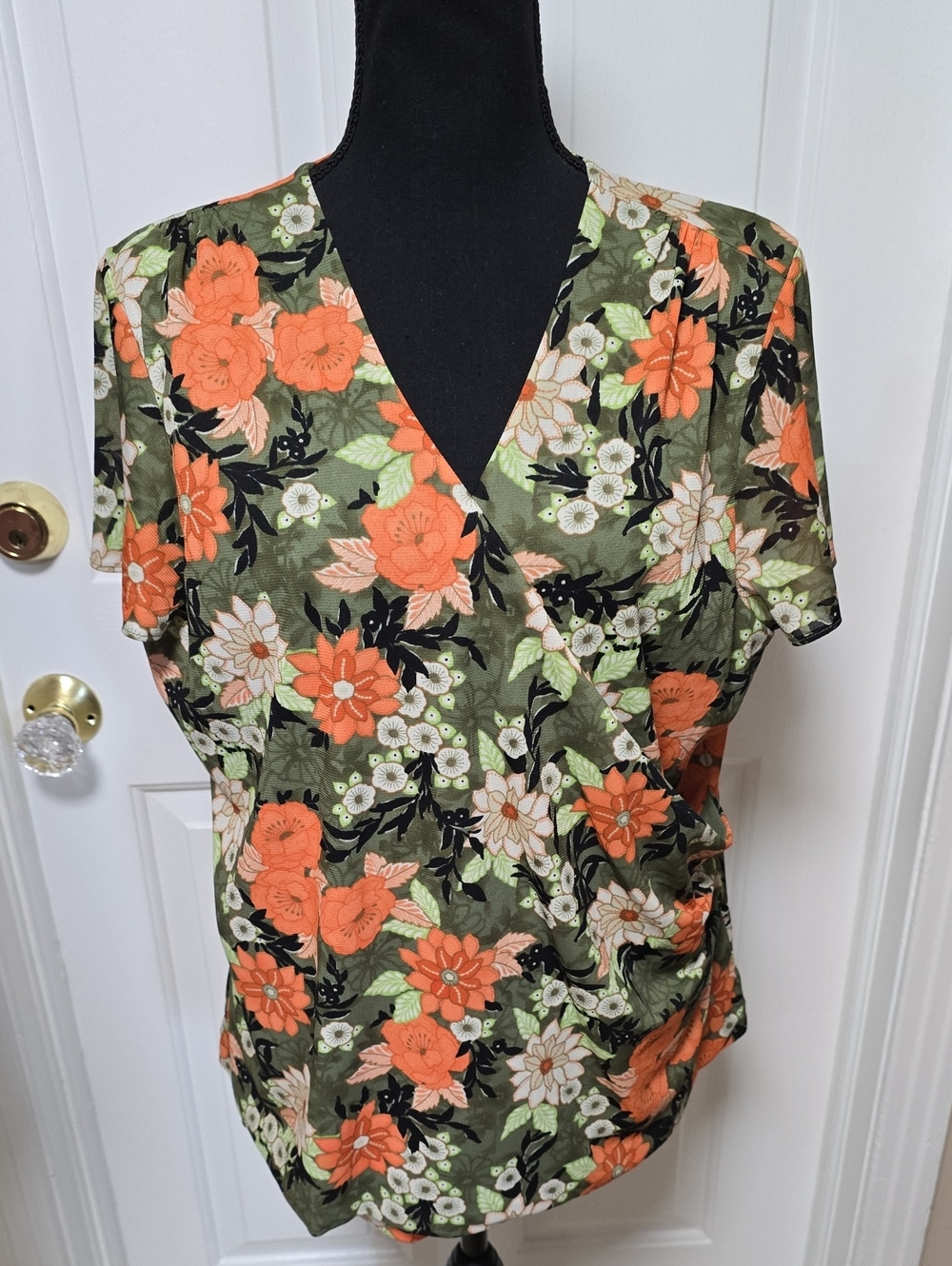 Sag Harbor Floral Wrap Blouse - Olive Green & Orange Size XL